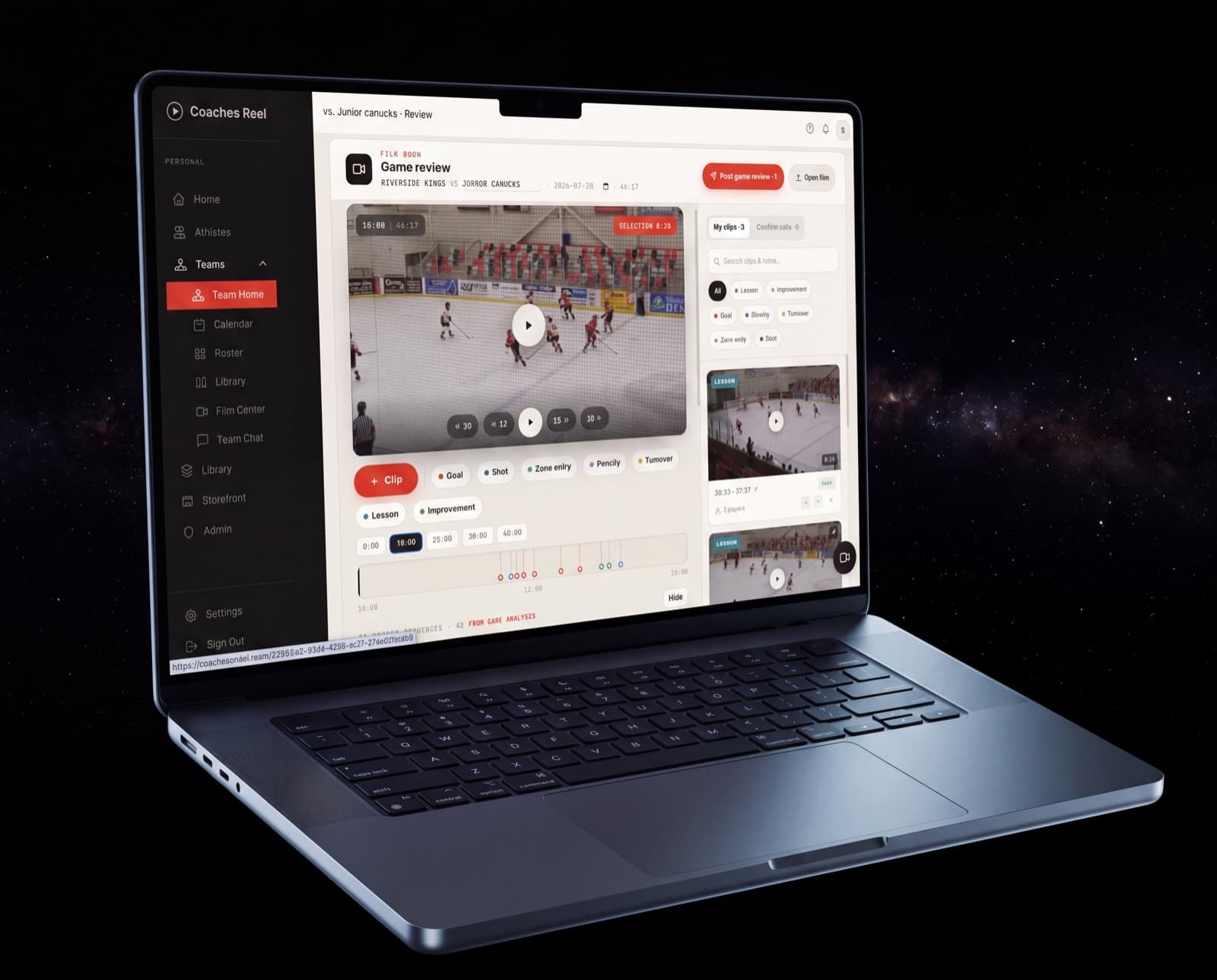 The Coaches Reel Film Room — clip a moment, tag it, and post it to the whole team or one athlete