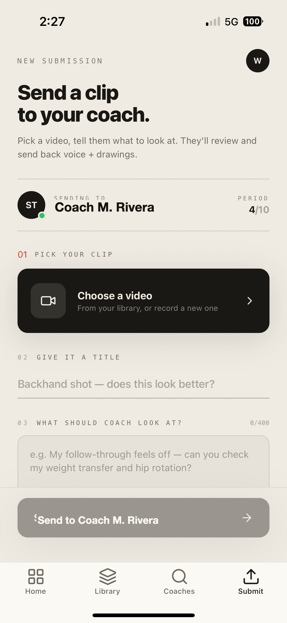 Submitting a clip to your coach from the app